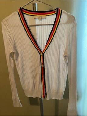 LOFT White Ribbed V-Neck Cardigan with Red, Yellow & Navy Trim